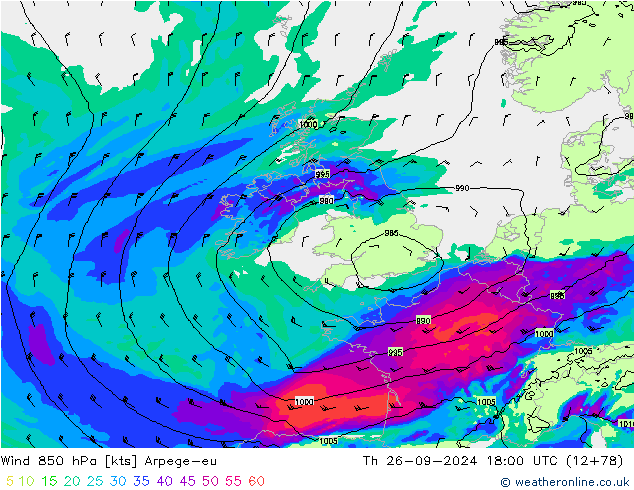 wiatr 850 hPa Arpege-eu czw. 26.09.2024 18 UTC