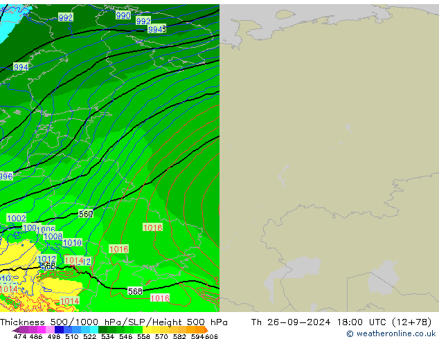 Espesor 500-1000 hPa Arpege-eu jue 26.09.2024 18 UTC