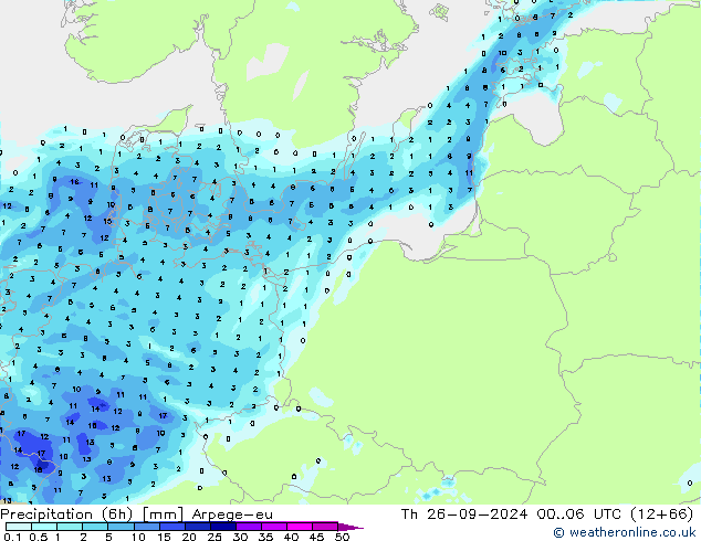 Précipitation (6h) Arpege-eu jeu 26.09.2024 06 UTC