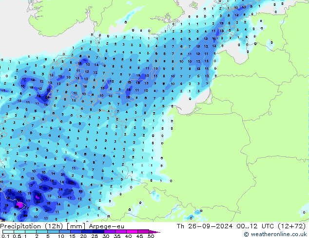 Totale neerslag (12h) Arpege-eu do 26.09.2024 12 UTC