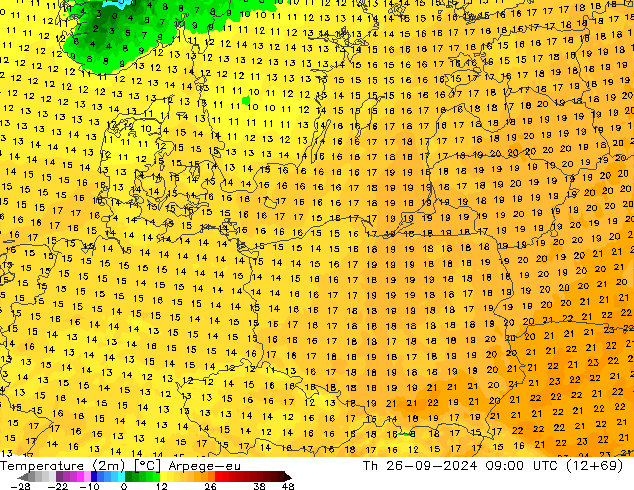 Temperature (2m) Arpege-eu Th 26.09.2024 09 UTC