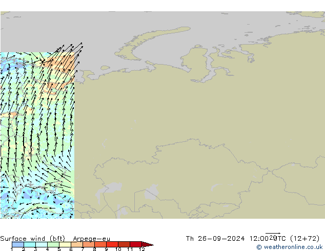 Vento 10 m (bft) Arpege-eu gio 26.09.2024 12 UTC