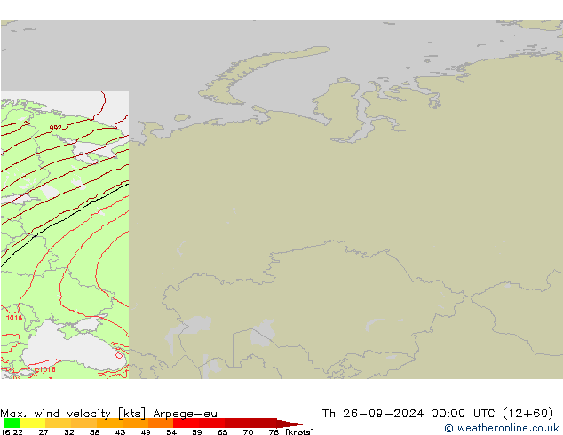 Max. wind velocity Arpege-eu чт 26.09.2024 00 UTC