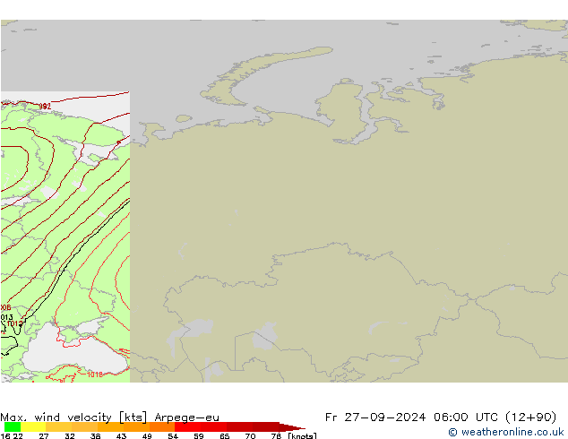 Max. wind velocity Arpege-eu Fr 27.09.2024 06 UTC