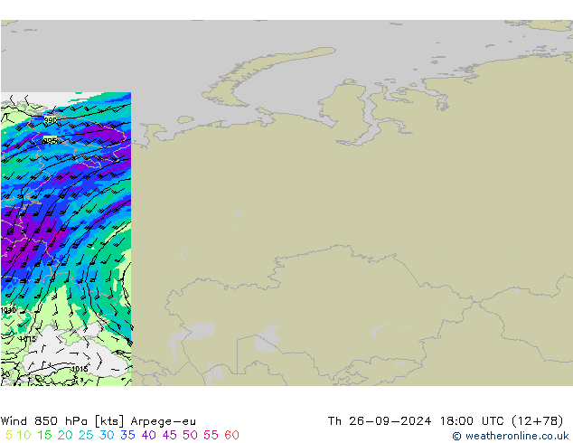 Wind 850 hPa Arpege-eu Th 26.09.2024 18 UTC