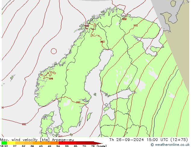 Max. wind velocity Arpege-eu gio 26.09.2024 15 UTC