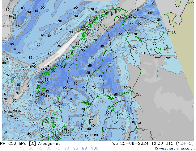 Humedad rel. 850hPa Arpege-eu mié 25.09.2024 12 UTC