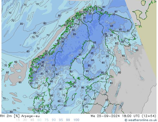 RH 2m Arpege-eu Qua 25.09.2024 18 UTC