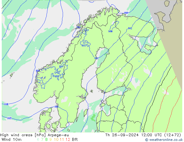 High wind areas Arpege-eu Th 26.09.2024 12 UTC