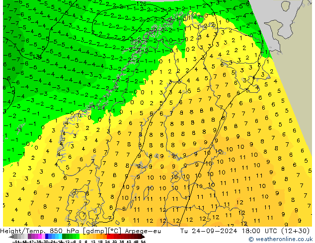 Height/Temp. 850 hPa Arpege-eu wto. 24.09.2024 18 UTC