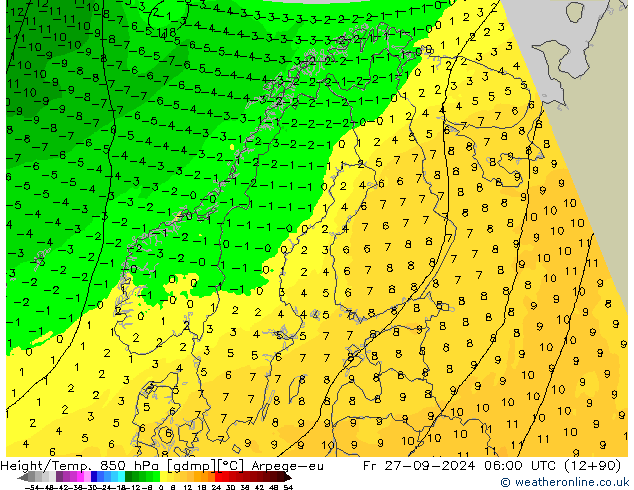 Height/Temp. 850 hPa Arpege-eu Sex 27.09.2024 06 UTC