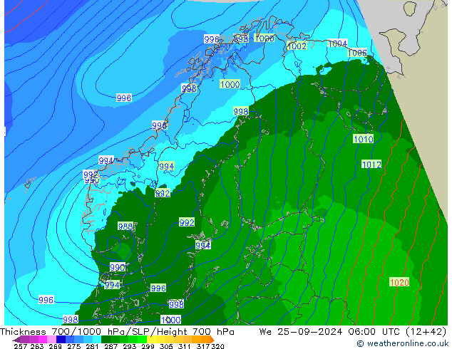 Thck 700-1000 hPa Arpege-eu St 25.09.2024 06 UTC