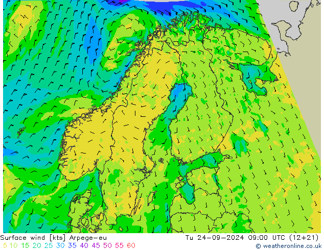 Surface wind Arpege-eu Út 24.09.2024 09 UTC