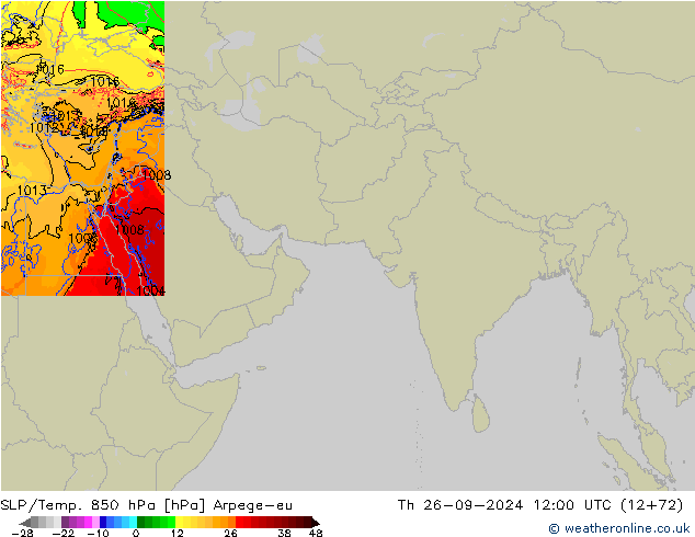 SLP/Temp. 850 hPa Arpege-eu czw. 26.09.2024 12 UTC