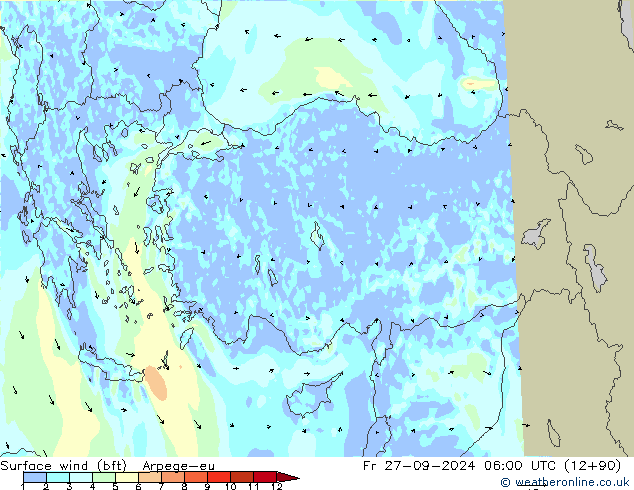 Surface wind (bft) Arpege-eu Fr 27.09.2024 06 UTC