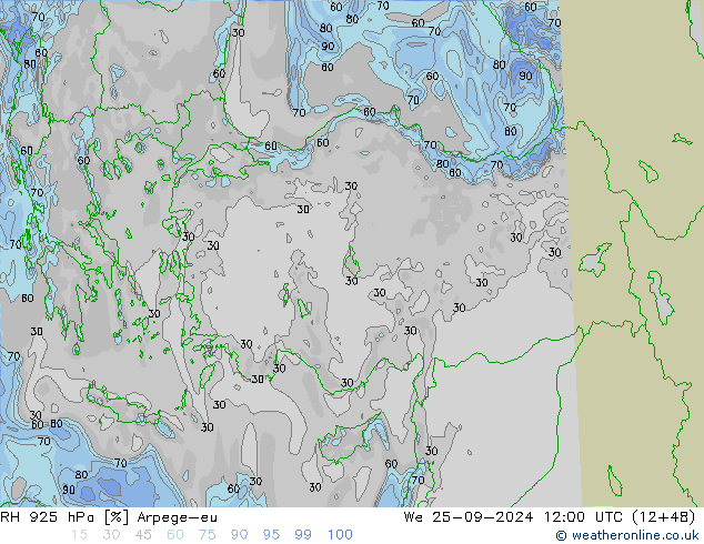 RH 925 hPa Arpege-eu We 25.09.2024 12 UTC