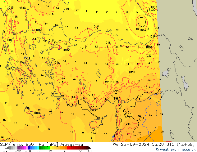 SLP/Temp. 850 hPa Arpege-eu śro. 25.09.2024 03 UTC