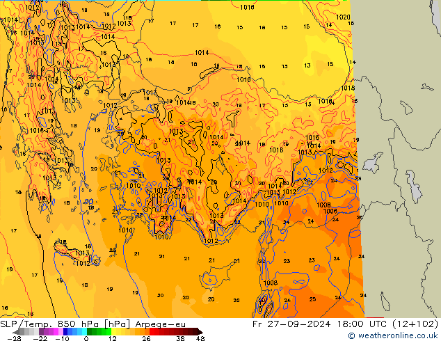 SLP/Temp. 850 hPa Arpege-eu ven 27.09.2024 18 UTC