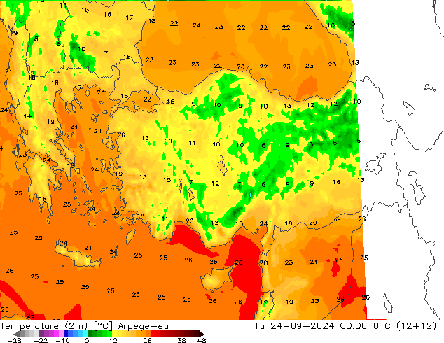 température (2m) Arpege-eu mar 24.09.2024 00 UTC