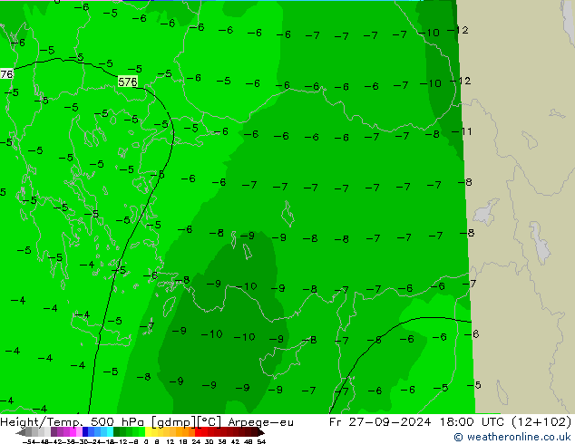 Height/Temp. 500 hPa Arpege-eu Sex 27.09.2024 18 UTC