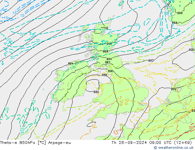 Theta-e 850hPa Arpege-eu  26.09.2024 09 UTC