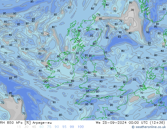 Humedad rel. 850hPa Arpege-eu mié 25.09.2024 00 UTC