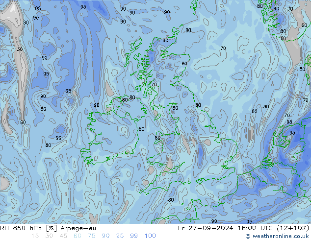 Humidité rel. 850 hPa Arpege-eu ven 27.09.2024 18 UTC