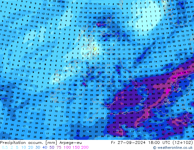 Precipitation accum. Arpege-eu  27.09.2024 18 UTC