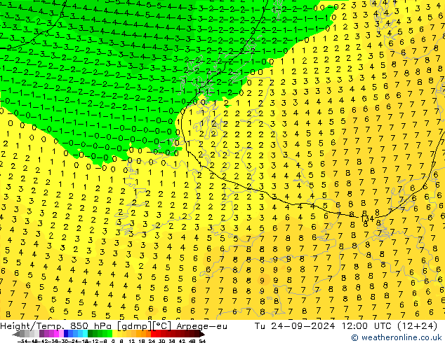 Height/Temp. 850 hPa Arpege-eu Út 24.09.2024 12 UTC