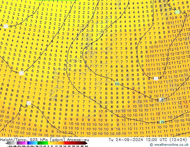 Height/Temp. 925 гПа Arpege-eu вт 24.09.2024 12 UTC