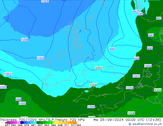 Thck 700-1000 hPa Arpege-eu Qua 25.09.2024 00 UTC