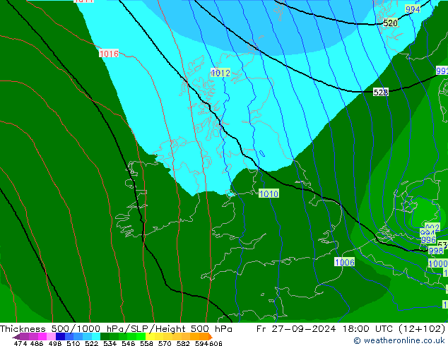 Espesor 500-1000 hPa Arpege-eu vie 27.09.2024 18 UTC