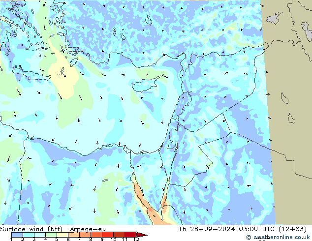 Vento 10 m (bft) Arpege-eu Qui 26.09.2024 03 UTC
