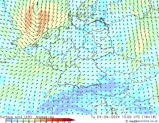 Surface wind (bft) Arpege-eu Tu 24.09.2024 12 UTC