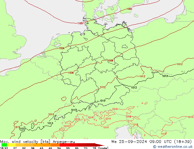 Max. wind velocity Arpege-eu ср 25.09.2024 09 UTC