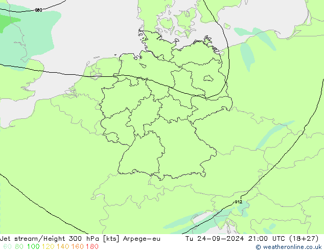 Jet stream/Height 300 hPa Arpege-eu Tu 24.09.2024 21 UTC