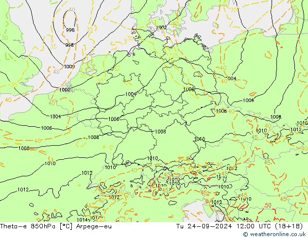 Theta-e 850hPa Arpege-eu Sa 24.09.2024 12 UTC