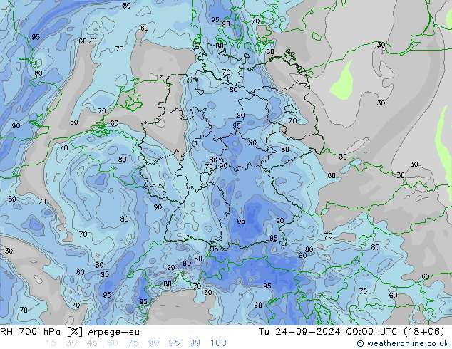 RH 700 гПа Arpege-eu вт 24.09.2024 00 UTC