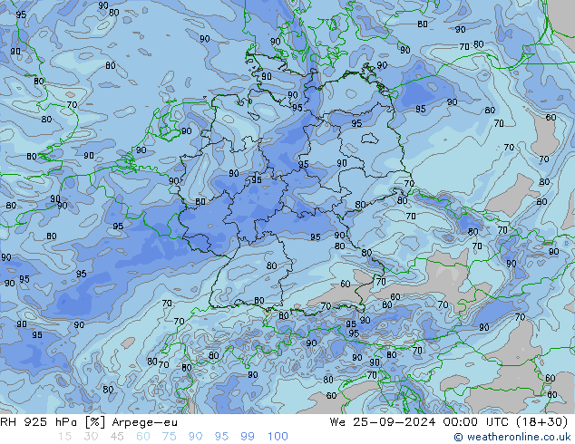 RH 925 hPa Arpege-eu Mi 25.09.2024 00 UTC