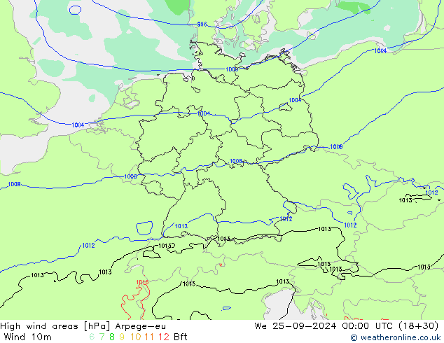 High wind areas Arpege-eu mié 25.09.2024 00 UTC