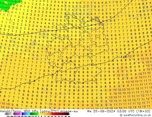 Yükseklik/Sıc. 850 hPa Arpege-eu Çar 25.09.2024 03 UTC