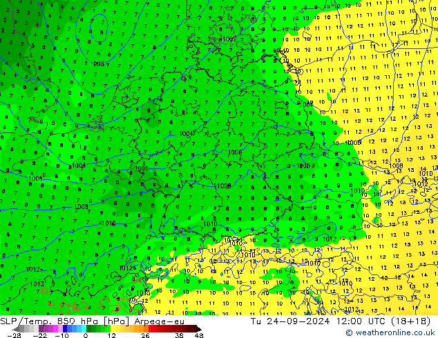 SLP/Temp. 850 hPa Arpege-eu di 24.09.2024 12 UTC