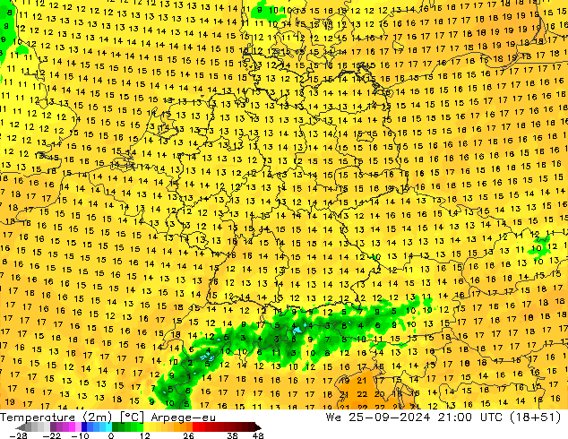température (2m) Arpege-eu mer 25.09.2024 21 UTC