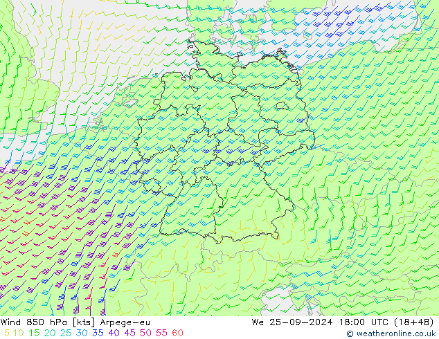 wiatr 850 hPa Arpege-eu śro. 25.09.2024 18 UTC