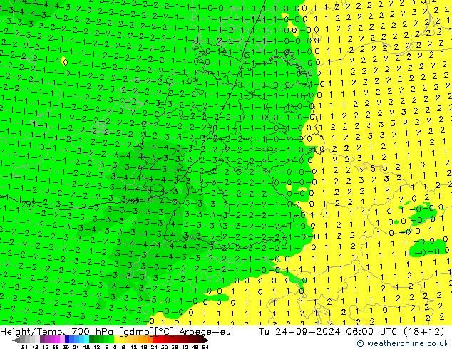 Height/Temp. 700 гПа Arpege-eu вт 24.09.2024 06 UTC