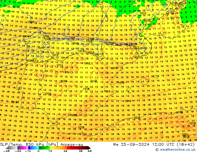 SLP/Temp. 850 hPa Arpege-eu St 25.09.2024 12 UTC