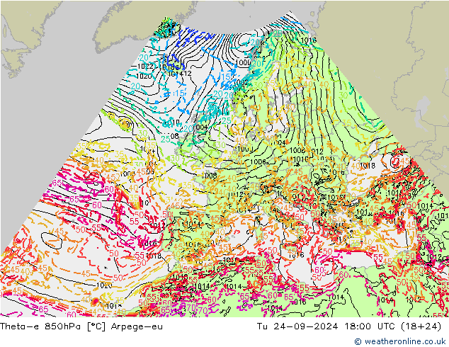 Theta-e 850hPa Arpege-eu Tu 24.09.2024 18 UTC