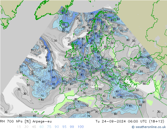 RH 700 hPa Arpege-eu Tu 24.09.2024 06 UTC