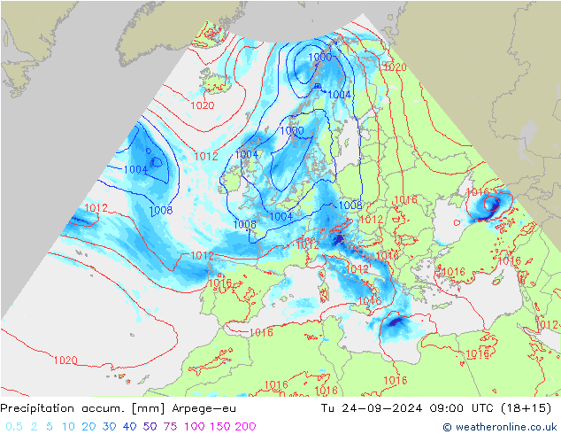 Toplam Yağış Arpege-eu Sa 24.09.2024 09 UTC