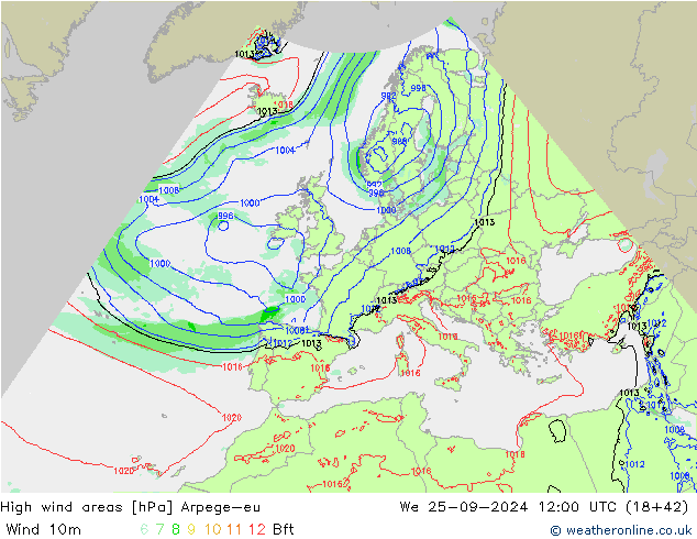 High wind areas Arpege-eu We 25.09.2024 12 UTC